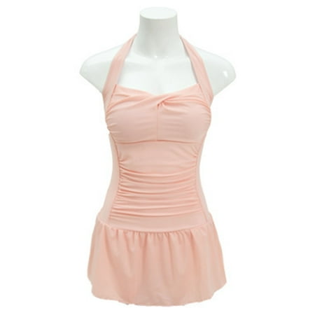 FloreceBien Women Swimsuit Pink One Piece Swimwear Push Up Bra Halter Vacation Beach Mini Dress for Traveling Party