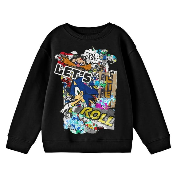 Bioworld Sonic The Hedgehog Let's Roll Modern Street Art Youth Black Crew Neck Sweatshirt
