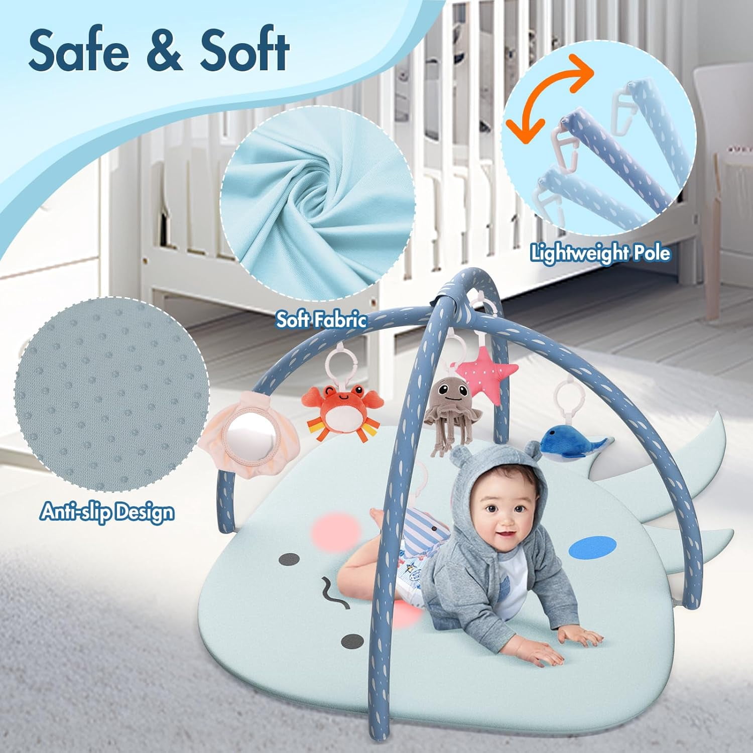 OMZER Baby Play Gym Mat for Infant & Newborn, Baby Activity Mat with 6 Detachable Hanging Toys for Sensory & Motor Skill Development, Ocean Style Playgym