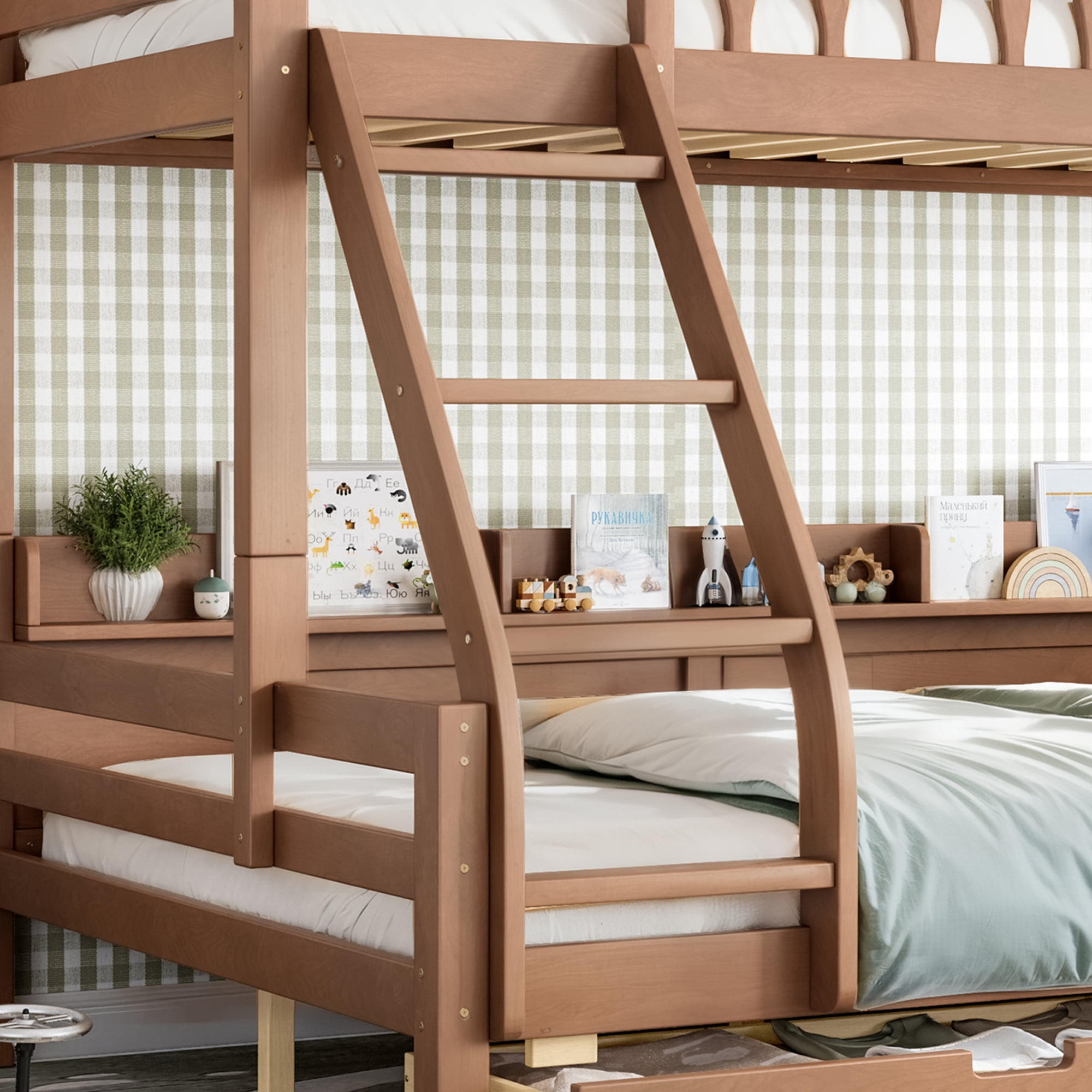 Leumius Twin over Full Bunk Bed with Storage Drawers, Chic Curved Guardrail & Side Storage Shelves, Bunk Bed Frame with Ladder Deep Natural
