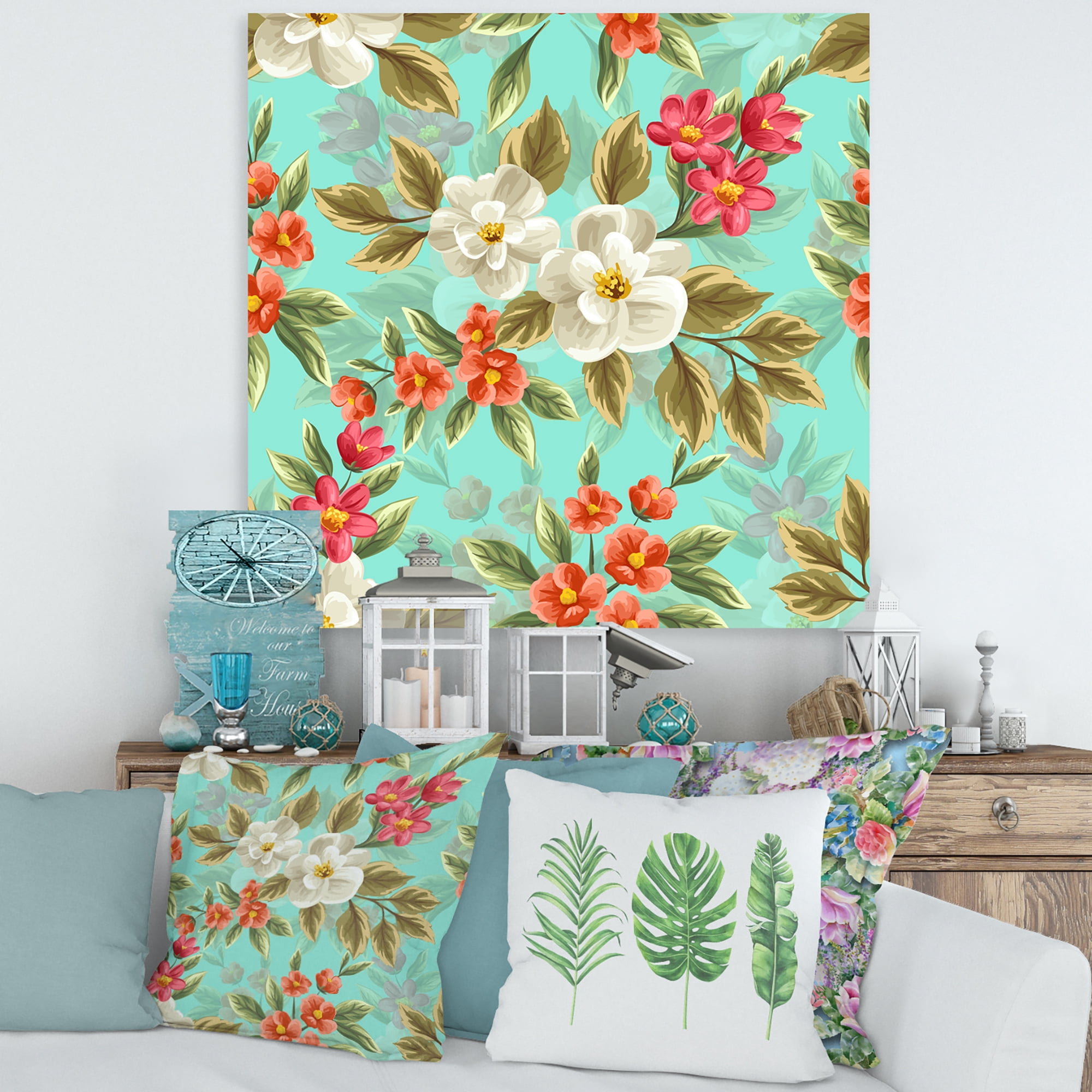 Designart ' Red and White Floral Seamless Pattern ' Traditional Canvas Wall Art Print