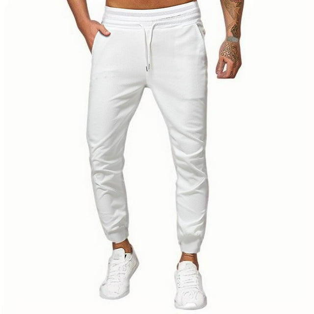 FcBaudy Full Length Pants Man Solid Color Drawstring Pockets Binding Leg Trousers Man Polyester Trousers