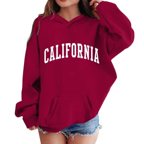 Telankuip Oversized Hoodies for Girls Trendy California Letter Printed Pullover Hooded Sweatshirts Long Sleeve Casual Loose Drawstring Pullover Tops Kid's Workout Preppy Style Red 11-12 Years