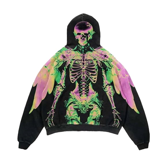 Unisex Halloween Y2K Angel Skeleton 3D Printed Hoodie Long Sleeve Loose Pullover Sweatshirt Streetwear Top