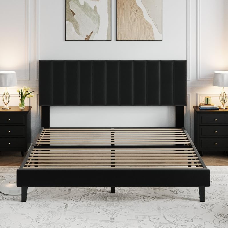 Queen Size Bed Frame, Velvet Upholstered Platform Bed with Adjustable Vertical Channel Tufted Headboard, No Box Spring Needed, Easy Assembly, Black