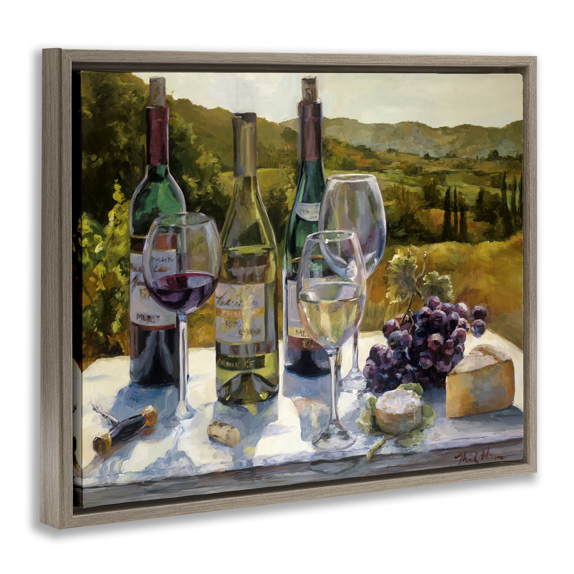 Stupell Industries Wine and Cheese Vineyard Food & Beverage Painting Brown Floater Framed Canvas Art Print Wall Art, 31 x 25