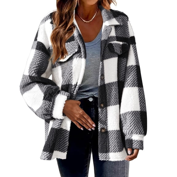 Aellinatey Women Plaids Flannel Shirts Jackets Lapel Collar Button Down Fuzzy Shacket Coat