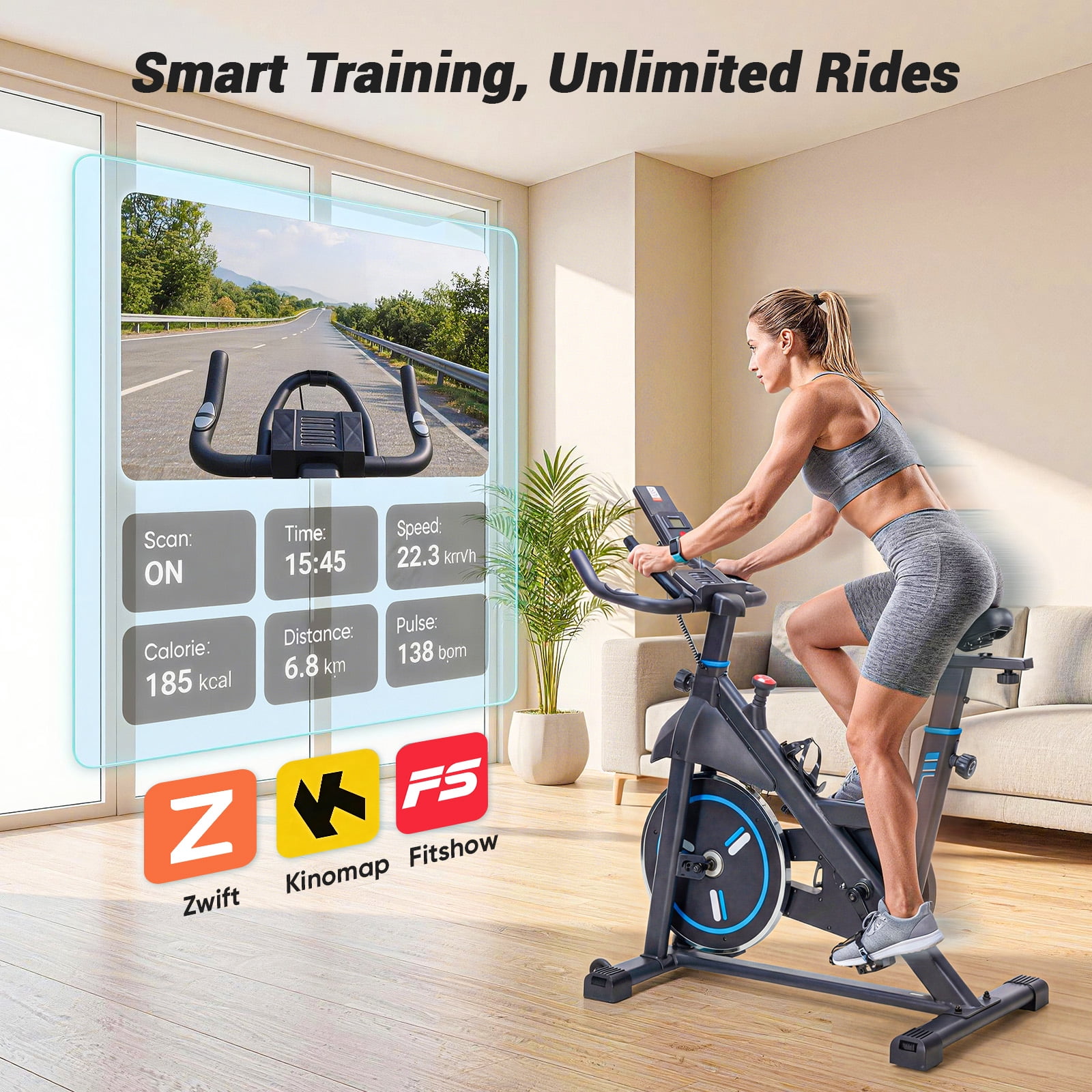 SHOUFTW Home Exercise Bike with APP Control, Magnetic Resistance Bike, Quiet Indoor Stationary Cycle 300lb Capacity, Black Blue