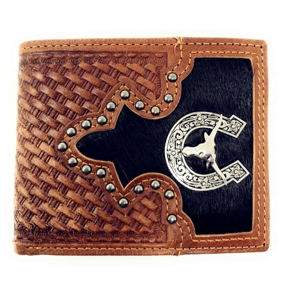 Genuine Leather Metal Longhorn Concho Mens Bifold Short Wallet / Multi Color