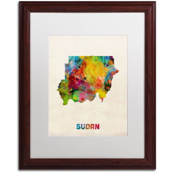 Trademark Fine Art 'Sudan Watercolor Map' Canvas Art by Michael Tompsett, White Matte, Wood Frame