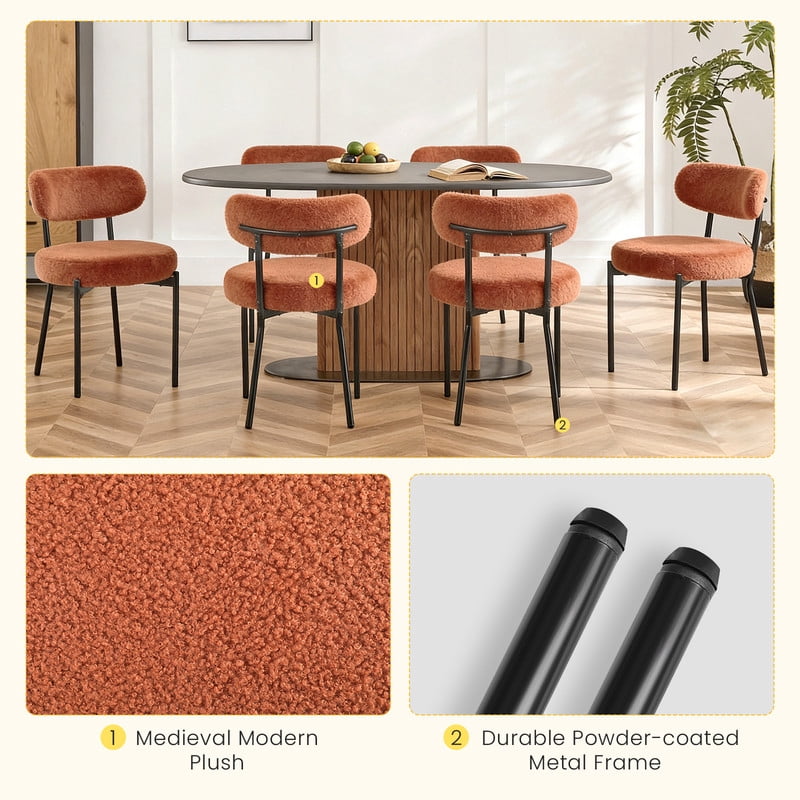Gianna Dining Chairs Set of 2, Mid Century Modern Chair Round Upholstered Curved Backrest, Kitchen Vanity Living Room Chairs with Black Metal Legs，Orange