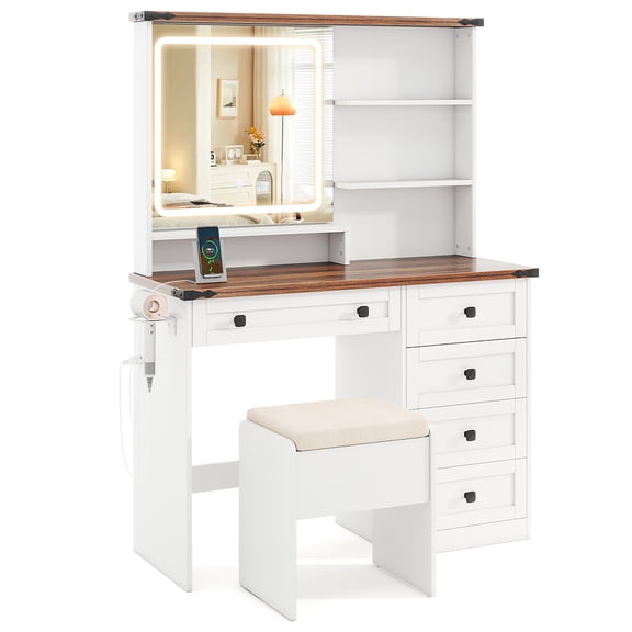 Gymax Farmhouse Vanity Set w/ Mirror and Lights Dressing Table & Chair Set