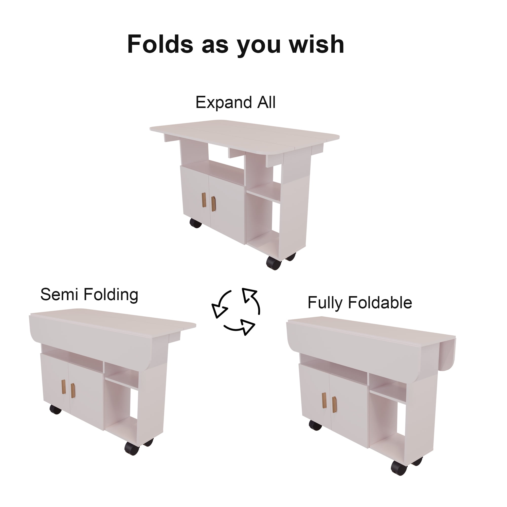Folding Dining Table with Drawer Movable Kitchen Table Drop Leaf Table,&nbsp;with Built-In Drawer and 6 Wheels for Small Spaces Craft and Dining Use, White