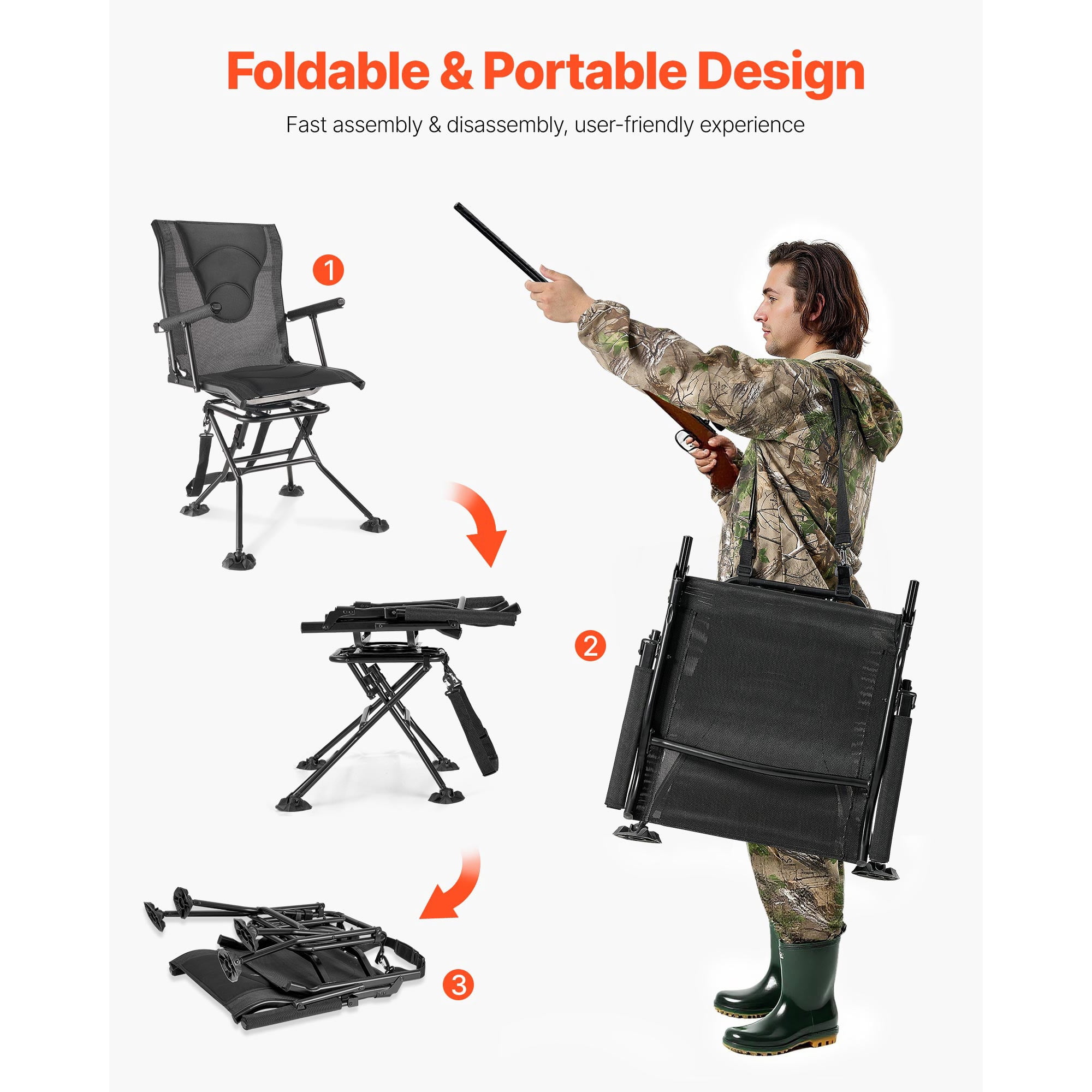 KFFKFF Hunting Chair with 360° Quiet Swivel, Foldable and Portable Blind Seat, Durable Steel Frame Ground Stool with Armrests, Adjustable Carry Strap, Anti-Sink Feet, 300 Lbs Weight Capacity