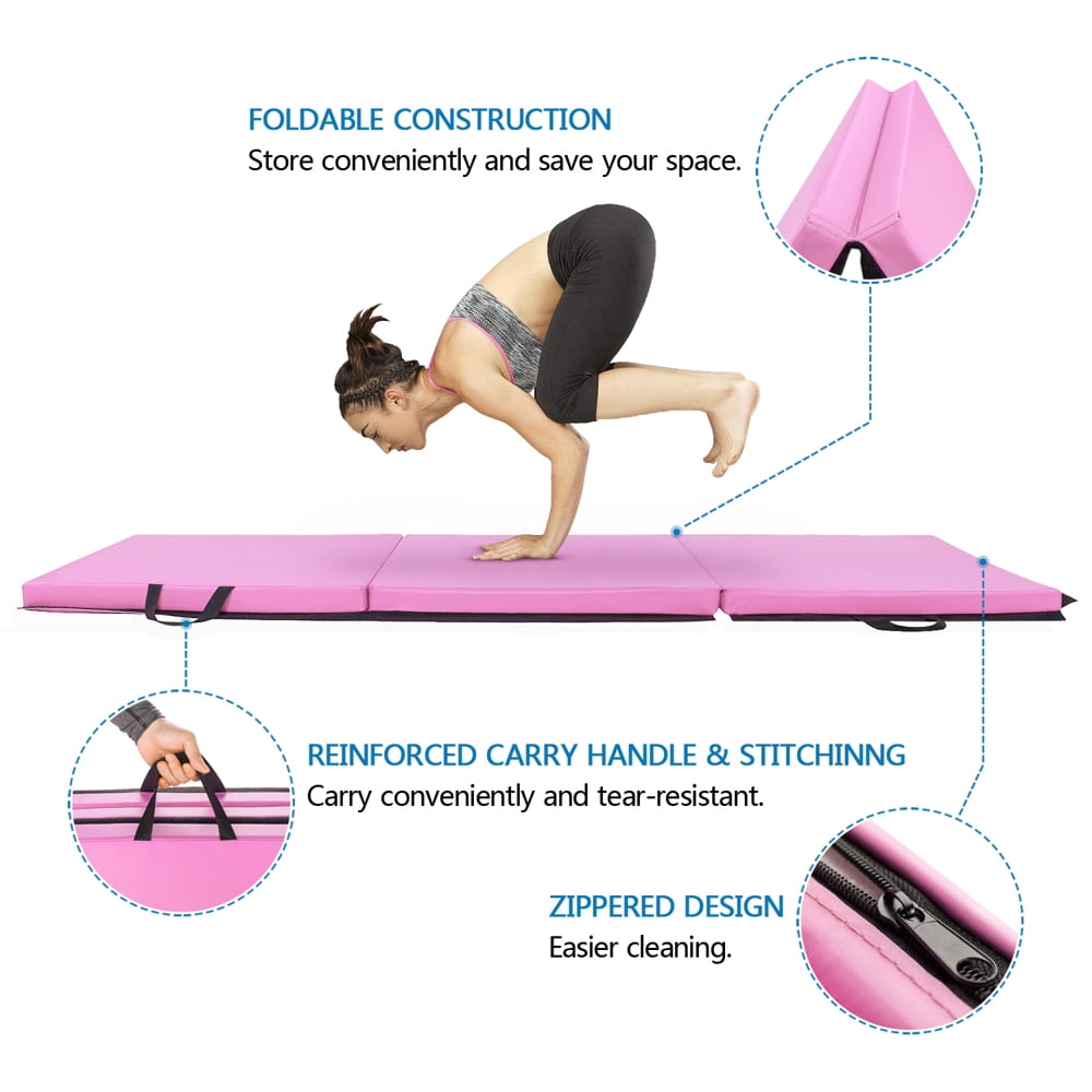 Matladin 6' Folding Tri-Fold Gymnastics Gym Exercise Aerobics Mat, 6ft x 2ft x 2in PU Leather Tumbling Mats(Pink)