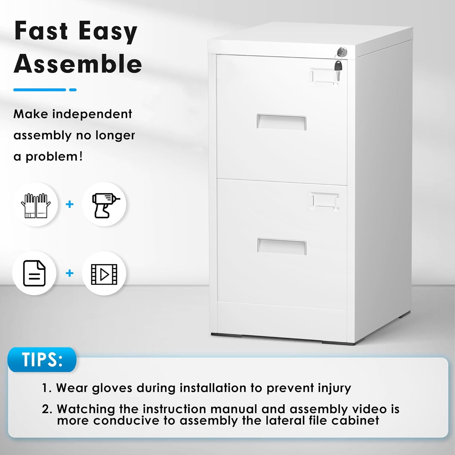 SOLAURA  18" Deep 2 Drawer Vertical Letter File Cabinet, White
