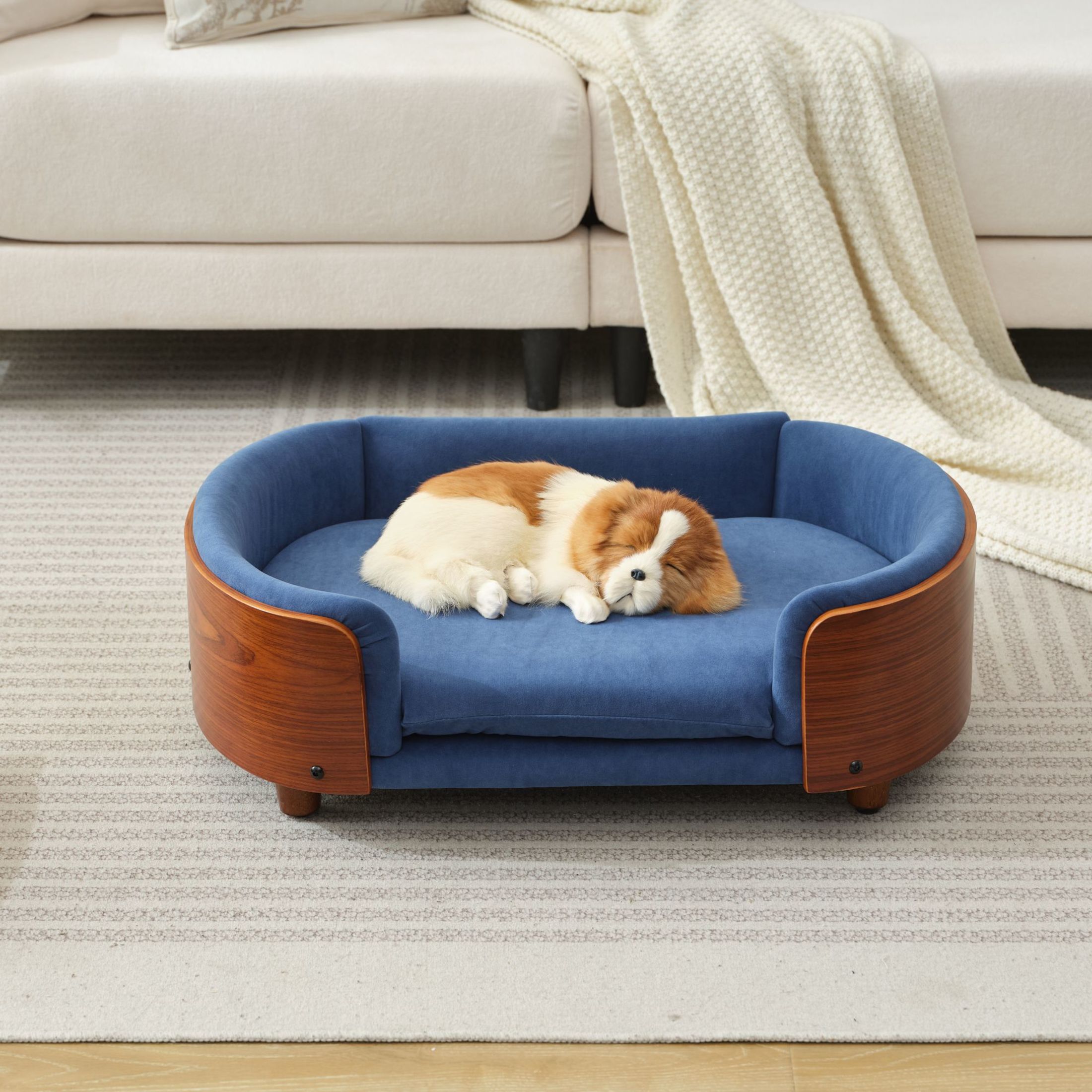 Noble House Scandinavian Elevated Small Dog Bed, Pet Sofa with Solid Wood Frame, Dark Blue and Walnut