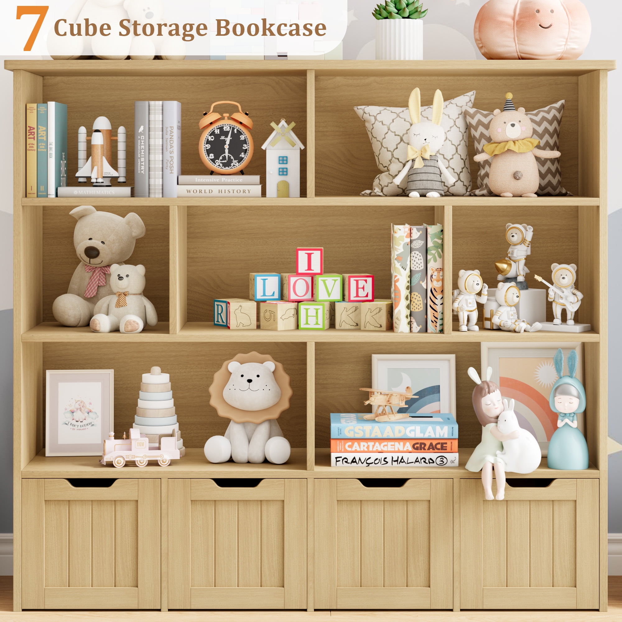Homfa 7 Cube Toy Storage Organizer, Kids Geometric Bookcase and Bookshelf with 4 Drawers, Natural