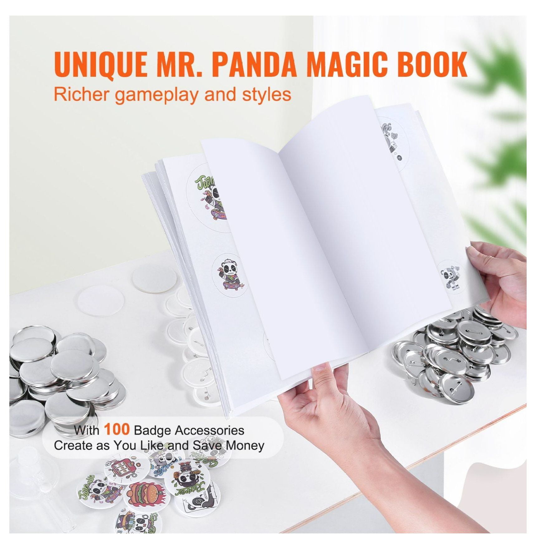 Button Maker Machine 2.28 inch, 58mm Pin Maker Kit with 100 Parts, DIY Badge Maker for Kids Crafts, Panda Magic Book, Christmas Gifts, Ergonomic Punch Press