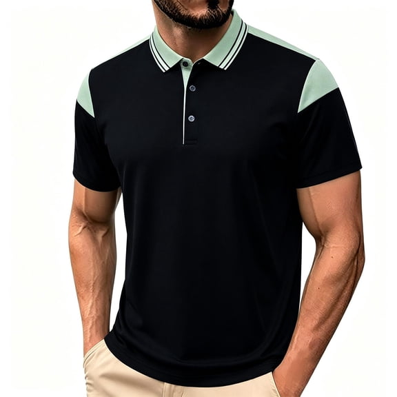 TKKCS Mens Color Block Performance Polo Shirts- Stretch Summer Business Casual Breathable Regular Fit Short Sleeve Polo Black Size XL