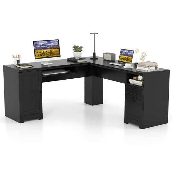 Costway L-Shaped Corner Computer Desk Writing Table Study Workstation w/ Drawers Storage