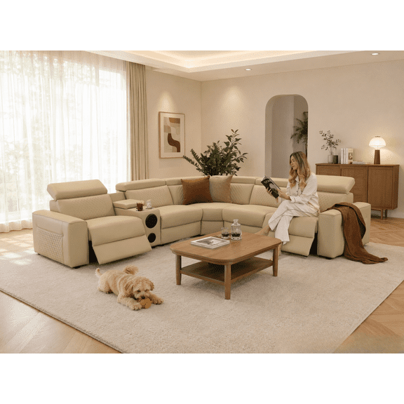 Power Recliner Sectional Sofa, L-Shaped Living Room Furniture, 5 Seaters Reclining Sectional Couch with Storage Console/Cup Holder, Khaki Leather Corner Furniture for House/Apartment(Khaki, 5 Seater)