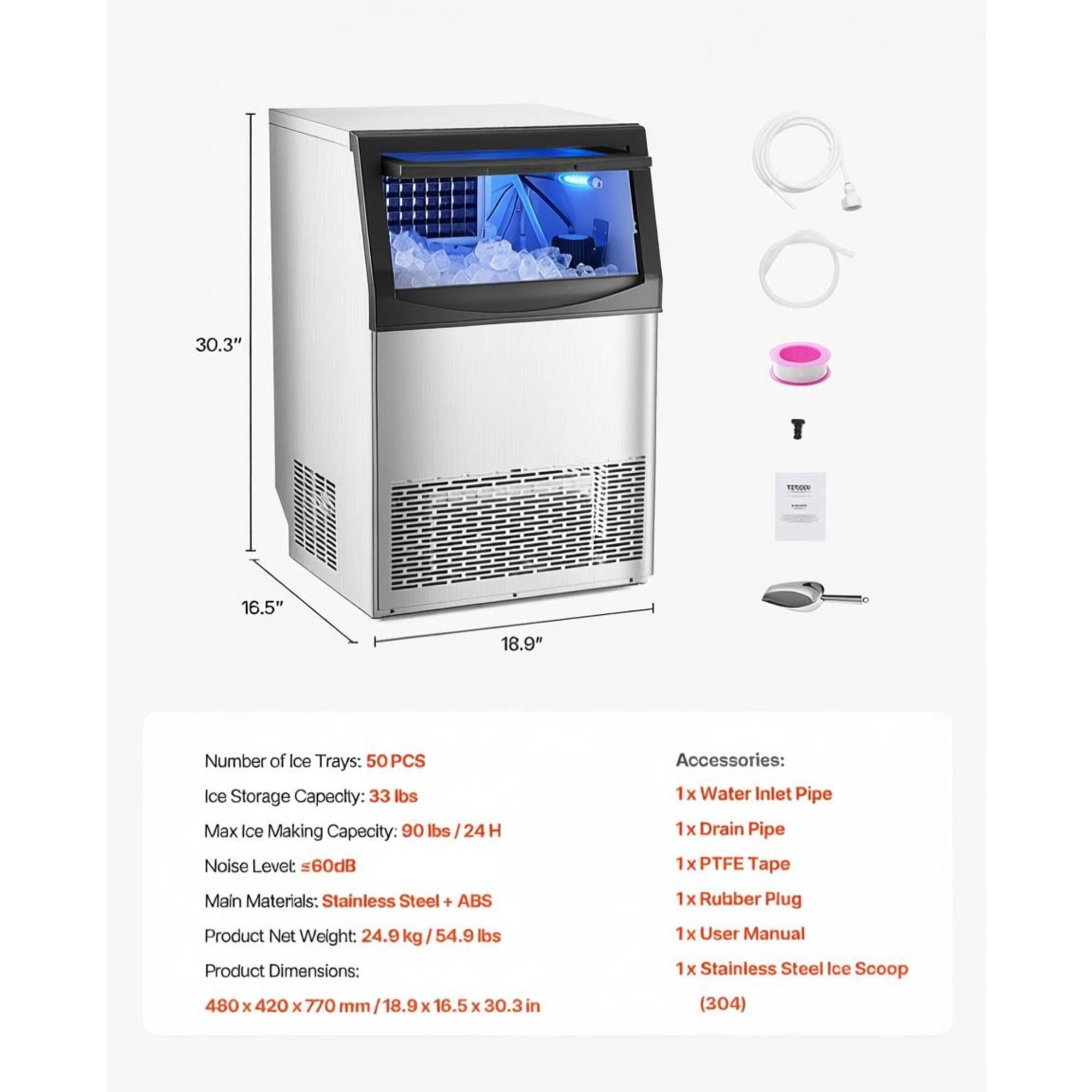 Commercial Ice Maker, 90lbs/24H, 33lbs Storage, Self-Cleaning Freestanding Ice Machine with LED Display for Restaurant Bar Office