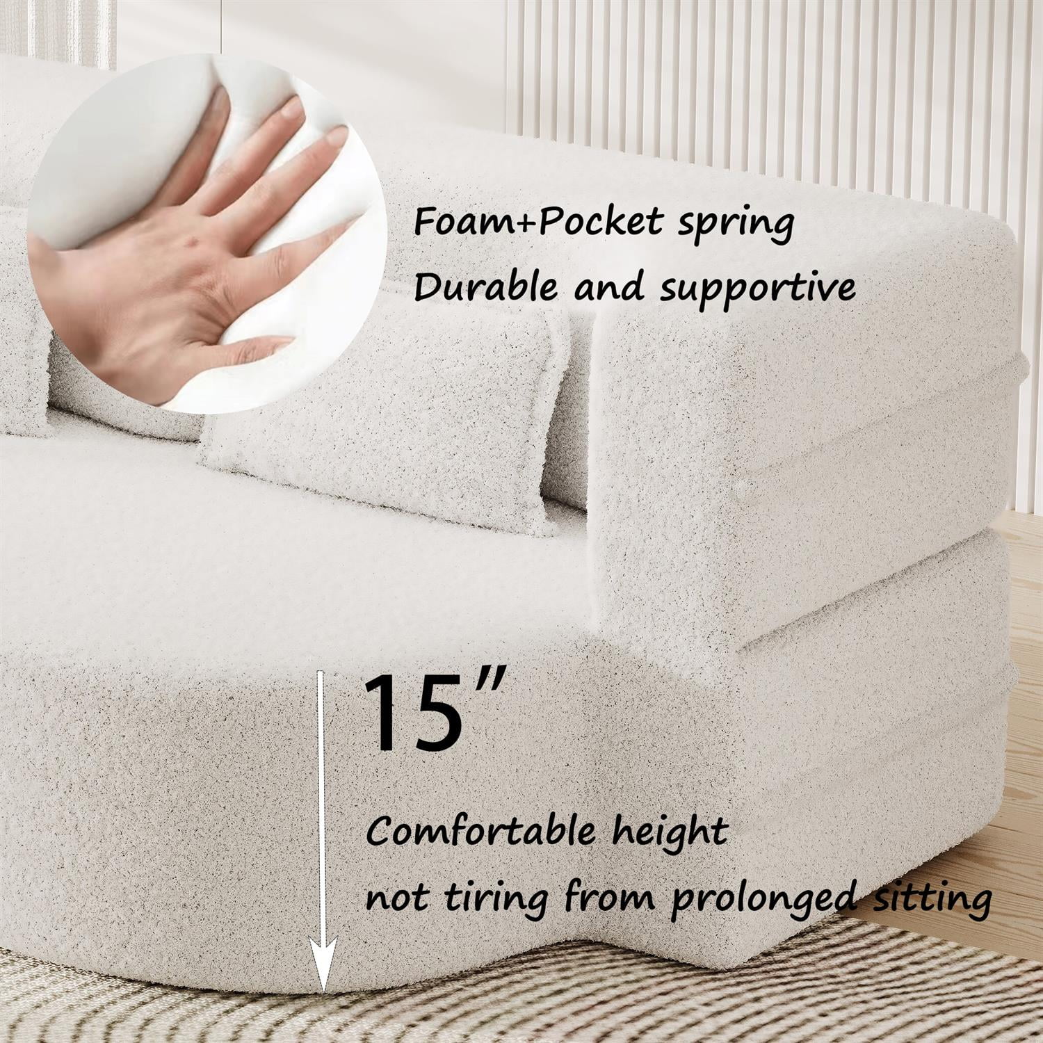 Demi Bonn Modern Convertible Floor Sofa Bed with 2 Pillows, Full Size 15" Folding Mattress, Teddy Fabric Foam-Filled for Living Room, No Assembly Needed, Beige