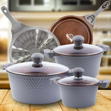 

Ceramic Diamond Pots and Pans Sets- 8Piece Nonstic Kitchen Cookware Alum Cast Gr Bundle