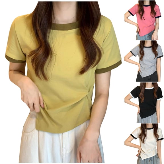 FRSASU Women's T-Shirts Short Sleeve Tops Summer Casual Blouse Crew Neck Pullover Basic Shirt Loose Fit Tee Yellow