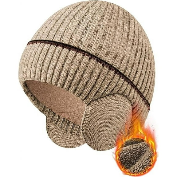 Winter Fleece Line Beanie Knit Hats with Ear Flaps for Men Women, Warm Thermal Stocking Caps for Outdoor Cold Weather Beige
