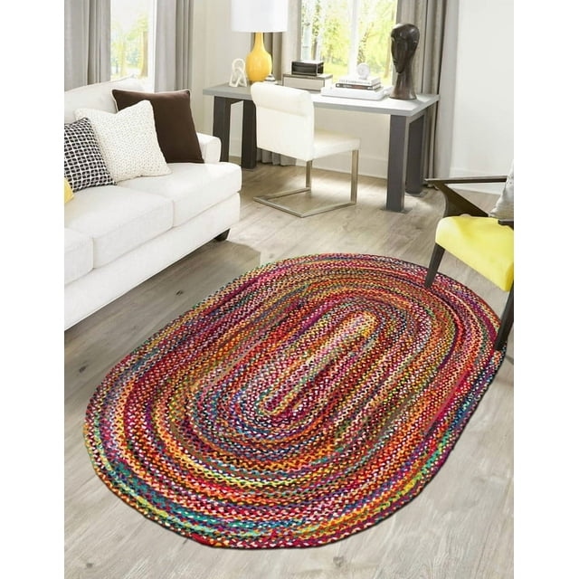 8x10 Ft Oval Multi Cotton Area Rug, Hand-Woven, Reversible, Farmhouse Boho Style, Durable & Pet-Friendly Rug for Living Room, Dining Room, and Bedroom