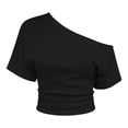 thumbnail image 4 of JIAYUE Womens Summer Tops Fashion Short Sleeve Off The Shoulder Asymmetrical Neck Solid Color Pleated Slim Fit Casual Vacation Female Cozy Tee, 4 of 4