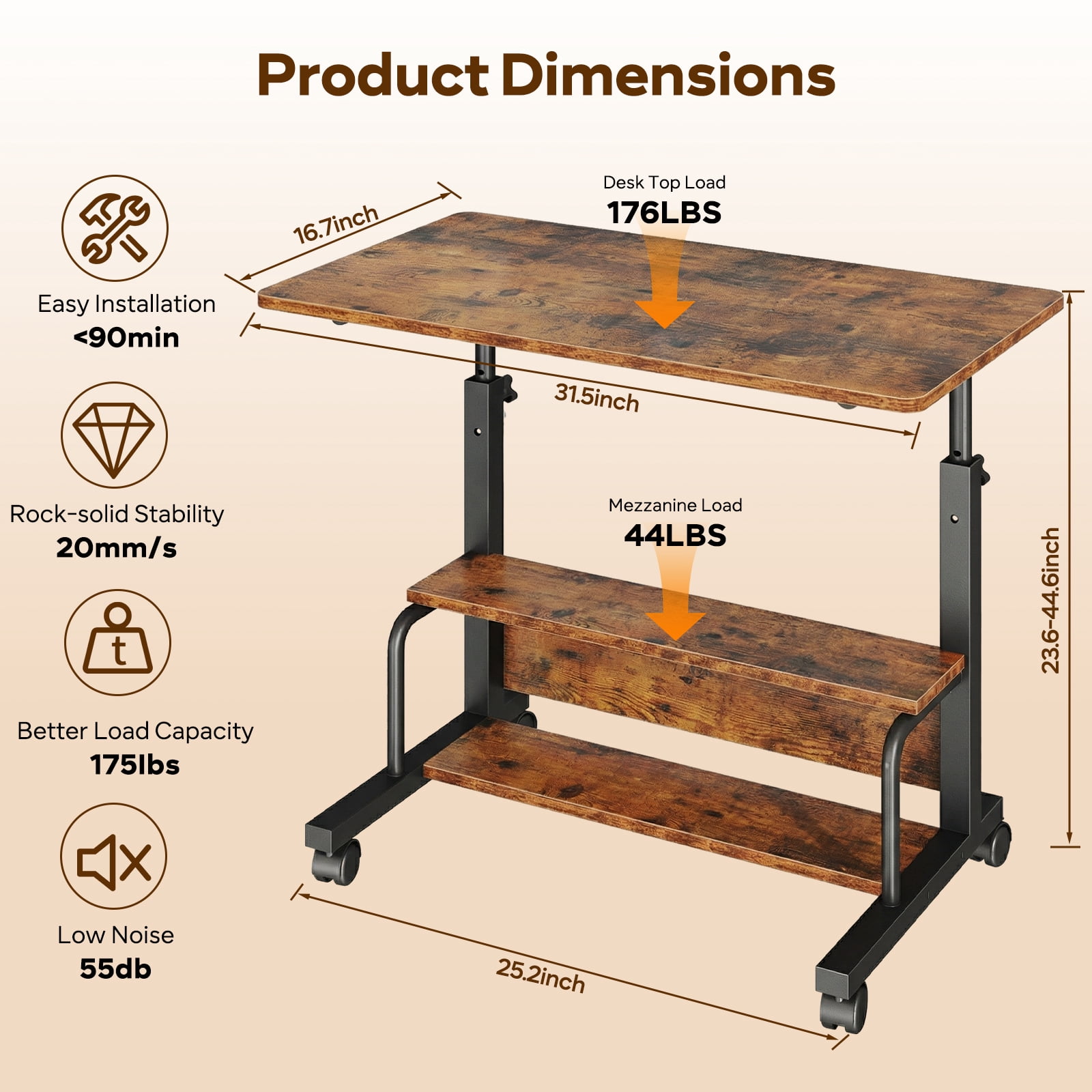 edx Height Adjustable Desk Standing Desk Small Desk for Small Spaces, Mobile Rolling Computer Desk on Wheels, Portable Desks Study Table for Home Office,Rust
