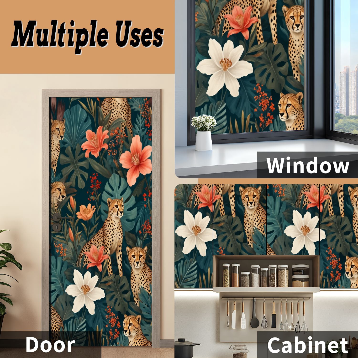 Self Adhesive Vinyl Refrigerator Wrap Set Leopard Floral Tropical Leaves Vibrant Flowers Door Mural Removable Fridge Sticker Peel and Stick&nbsp;Full Door Cover Decal Kitchen Bar Decor