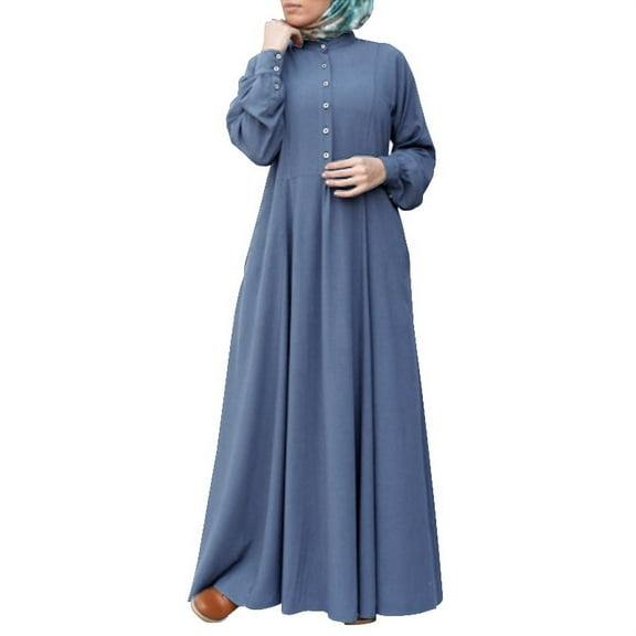 ZANZEA Women Muslim Dress Buttons Long Sleeve High Waist Solid Color Maxi Dress