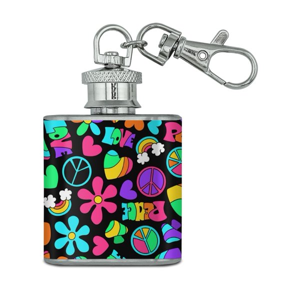 Groovy Hippie Peace and Love Pattern Stainless Steel 1oz Mini Flask Key Chain