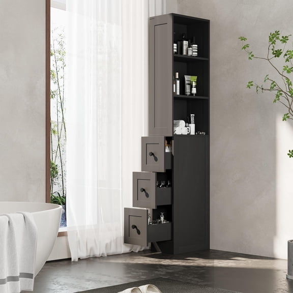 LAUSAINT HOME Tall Narrow Storage Cabinet, Anti-Tipping Floor Cabinet with 2 Adjustable Shelves & 3-Level Drawers for Small Space, Bathroom, Kitchen, Black