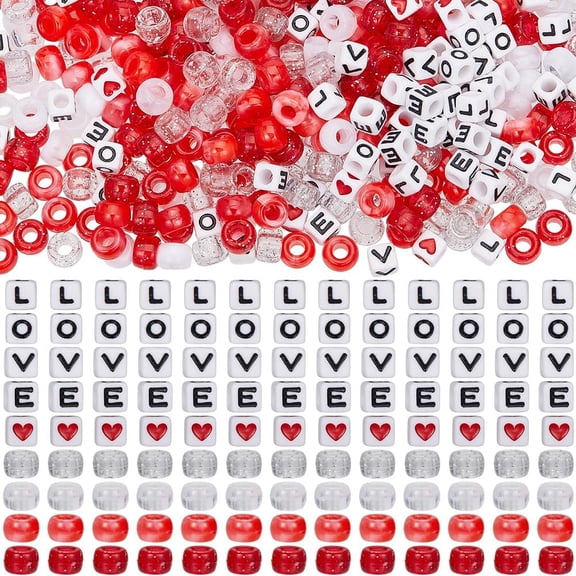 800Pcs Valentine's Day Bead Kit Red Pony Beads 6x9mm Barrel Plastic Beads Acrylic Love Letters Bracelet Kit