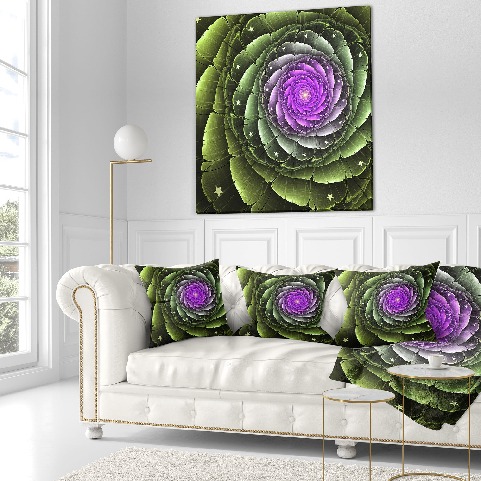 Designart Lush Green and Purple Fractal Flower - Floral Throw Pillow - 18x18
