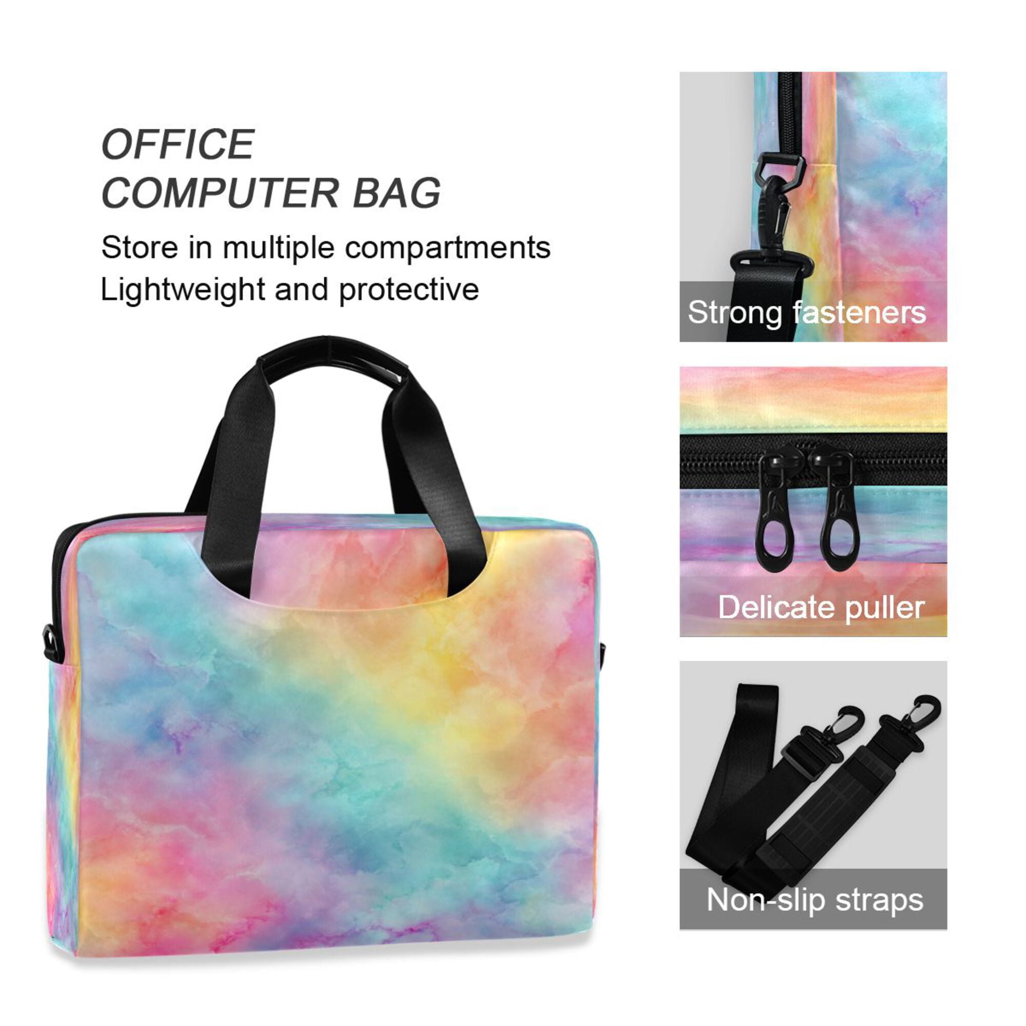 16" Laptop Briefcase, Detachable Anti-Slip Shoulder Strap, Multi-Compartment Work Travel Bag Pastel Rainbow Tie-dye Pattern