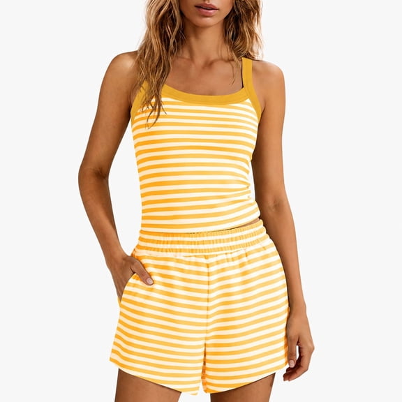 Carlikeit Women's 2 Piece Striped Lounge Set with Spaghetti Strap Tank Top and High Waist Wide Leg Shorts with Pockets