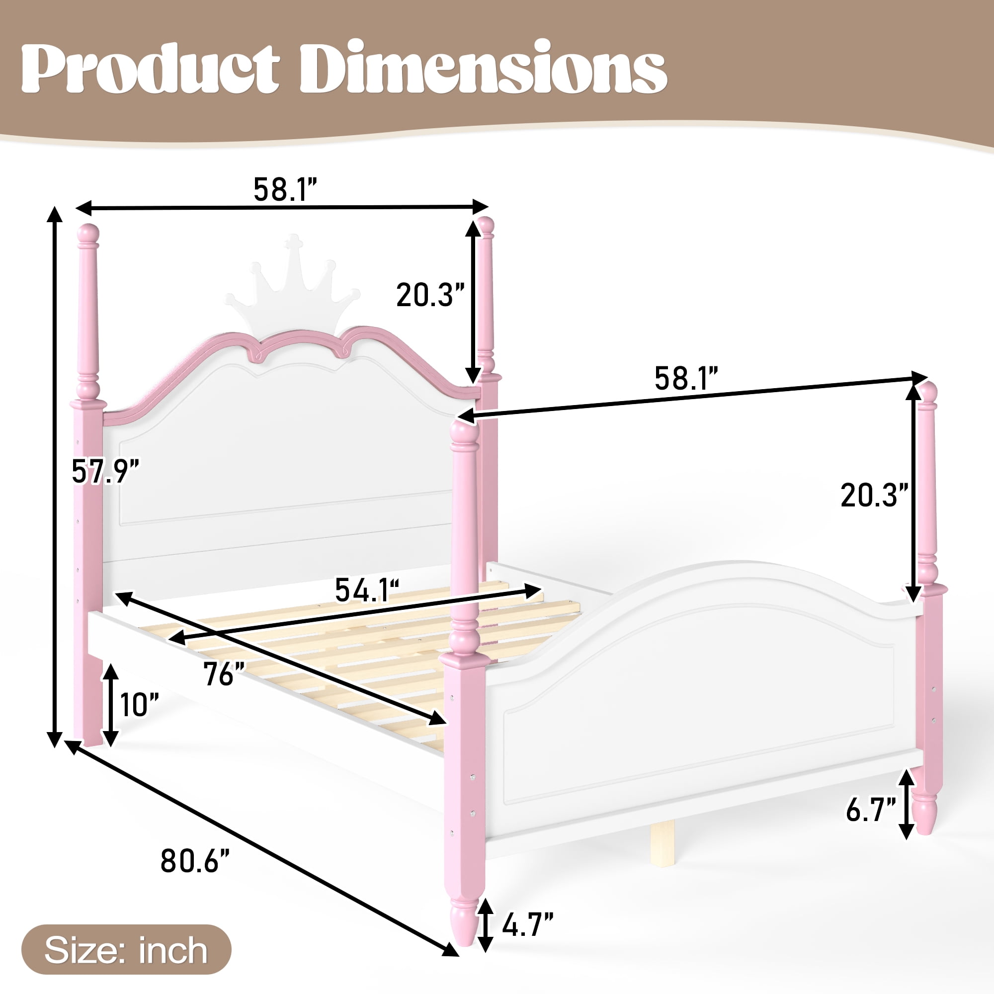 GARITIN Full Size Crown Shaped Platform Bed, Four Poster Wooden Bed Frame, Elegant Curved Headboard Bed Frame for Bedroom Guest Room, White&Pink