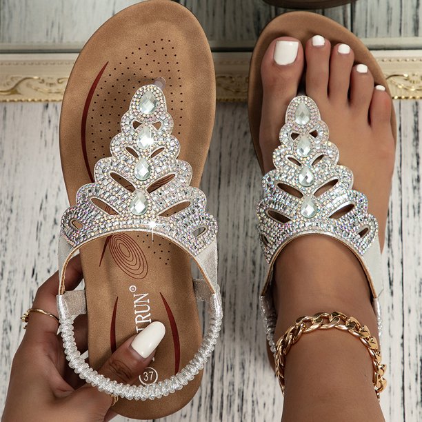 Mujeres sandalias planas con arco soporte zapatos tang sandalias romanas rhineston sandalias cómodas para el verano elegante