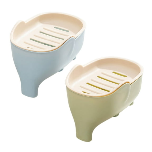 WONIU 2 Pack Self Draining Soap Dishes with Dry Tray, Sponge Holder for Kitchen Sink, Cute Elephant, Plastic, Blue & Green