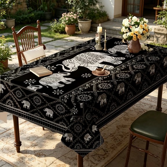 Simple Black White Elephant Repeat Line Pattern Table Cover,35x55/55x55/55x70/60x86/60x94/60x102 inch,Polyester,Kitchen Dining Living Room Home Decor