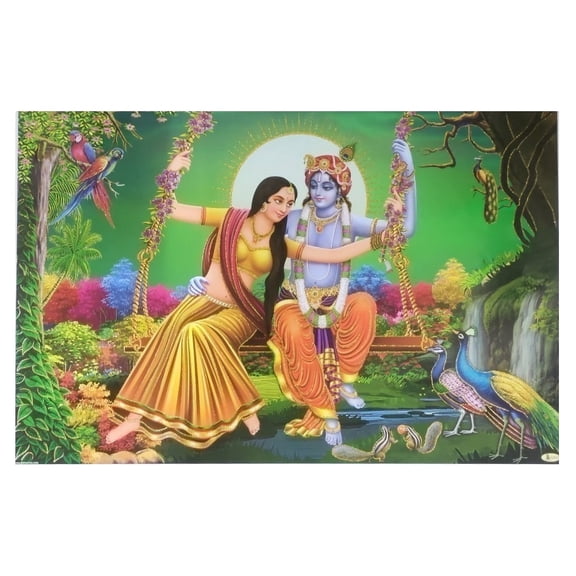 Bm Traders Radha Krishna On Swing Golden Zari Art Work Poster Without Frame (24 X 36 Inches)