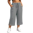 thumbnail image 4 of Cutuoiiu Plus Size Cropped Wide Leg Pants for Women Solid Color Elastic Drawstring Waist Mid Calf Pants With Side Pockets Split Hem Lightweight Summer Daily Walking Bottoms, 4 of 9