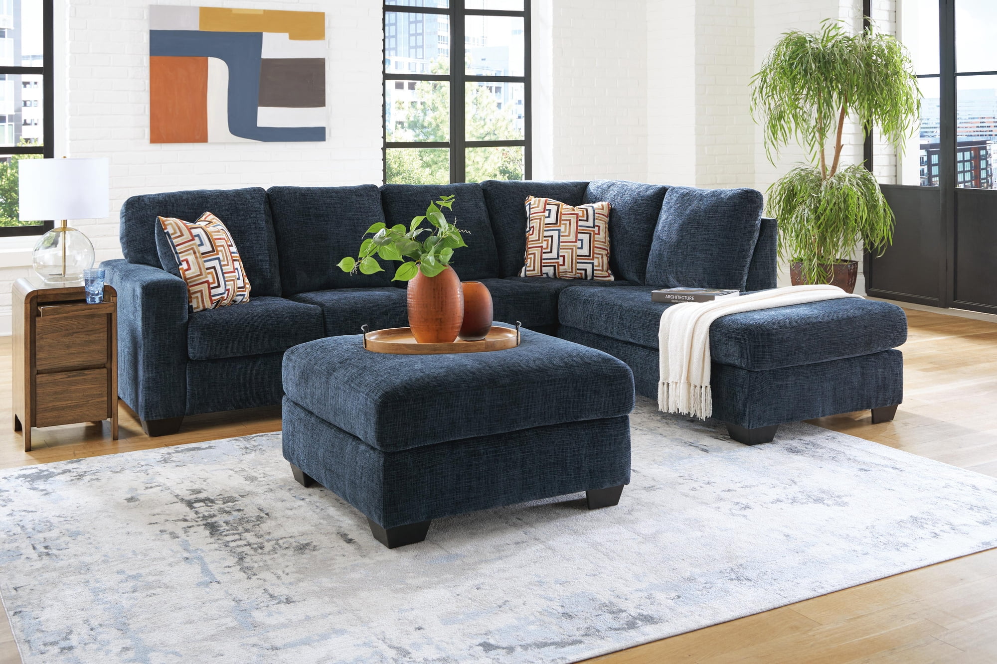 Signature Design by Ashley Aviemore Oversized Ink Blue Accent Ottoman - Large Square Ottoman with Firm Cushioning