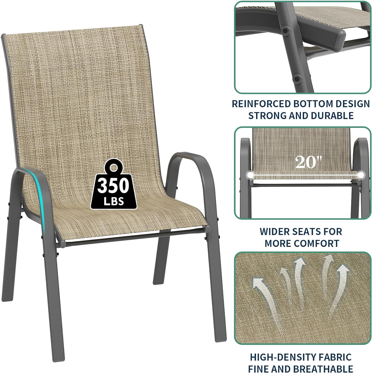 UDPATIO Patio Dining Chairs Set of 2, Outdoor High Stacking Chairs, Backyard Deck Garden Chairs, Indoor Breathable High-Density Fabric Chairs, Restaurant Kitchen Dining Trattoria Chairs Khaki